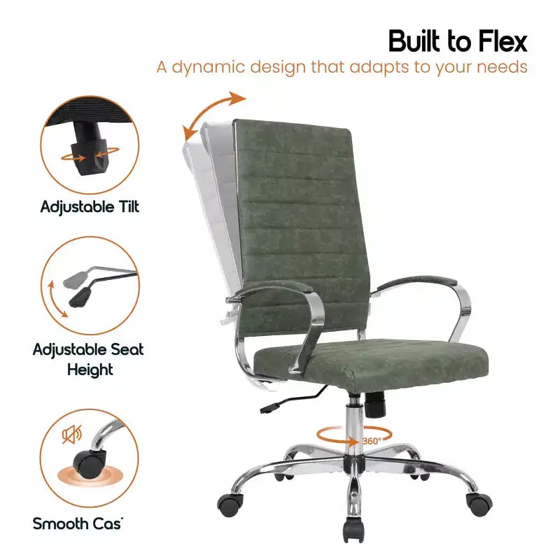 Chaise de bureau LeisureMod Benmar en cuir côtelé à dossier haut - Chaise de bureau exécutive moderne pivotante et inclinable - Base chromée