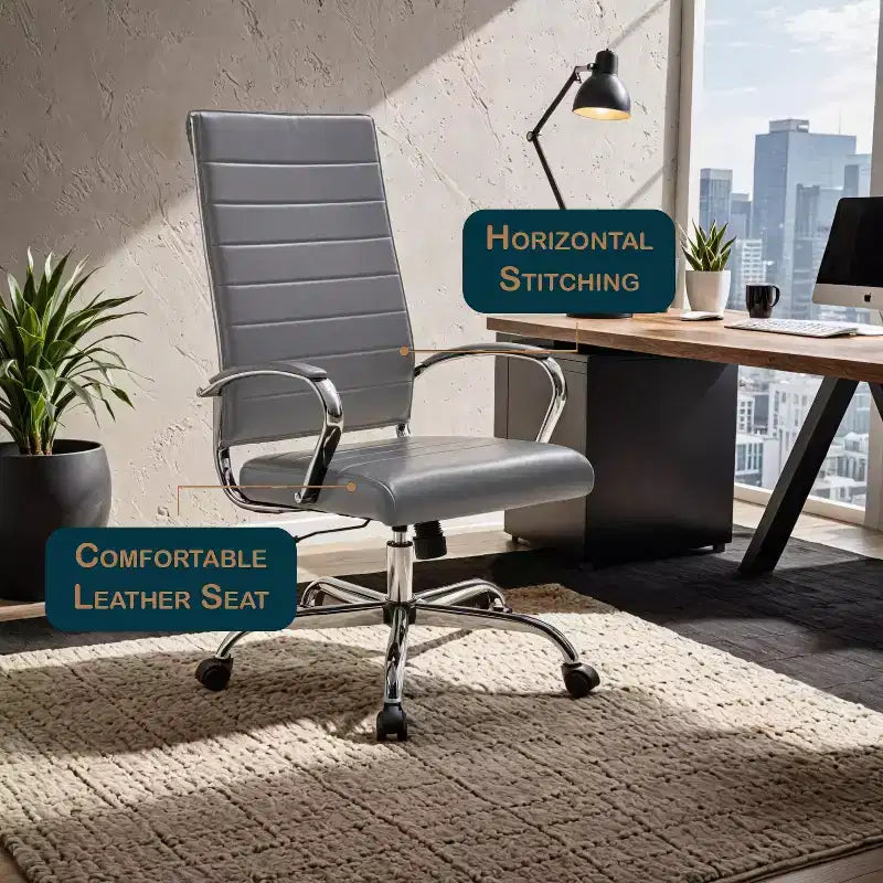 Chaise de bureau LeisureMod Benmar en cuir côtelé à dossier haut - Chaise de bureau exécutive moderne pivotante et inclinable - Base chromée