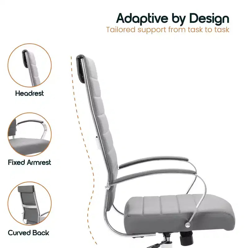 Chaise de bureau LeisureMod Benmar en cuir côtelé à dossier haut - Chaise de bureau exécutive moderne pivotante et inclinable - Base chromée