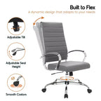 Chaise de bureau LeisureMod Benmar en cuir côtelé à dossier haut - Chaise de bureau exécutive moderne pivotante et inclinable - Base chromée