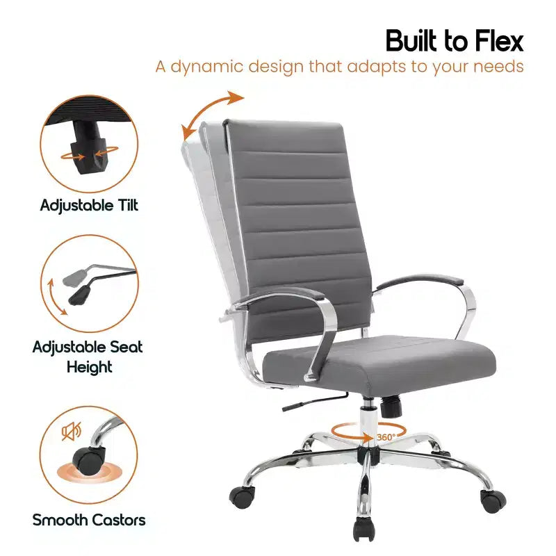 Chaise de bureau LeisureMod Benmar en cuir côtelé à dossier haut - Chaise de bureau exécutive moderne pivotante et inclinable - Base chromée