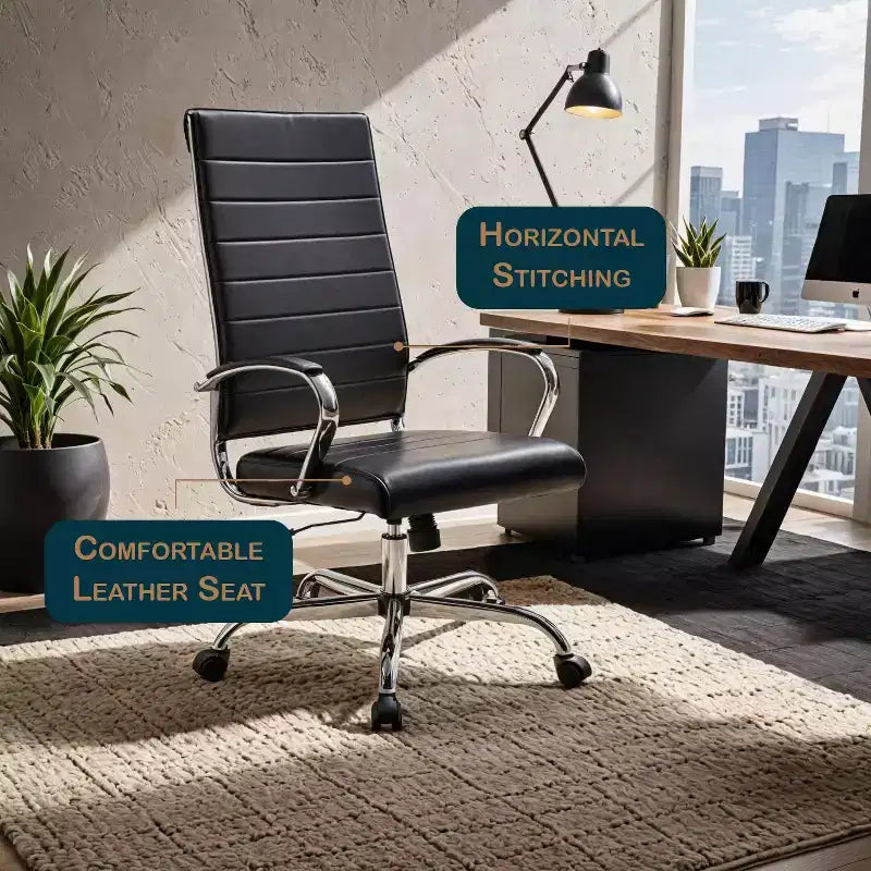 Chaise de bureau LeisureMod Benmar en cuir côtelé à dossier haut - Chaise de bureau exécutive moderne pivotante et inclinable - Base chromée