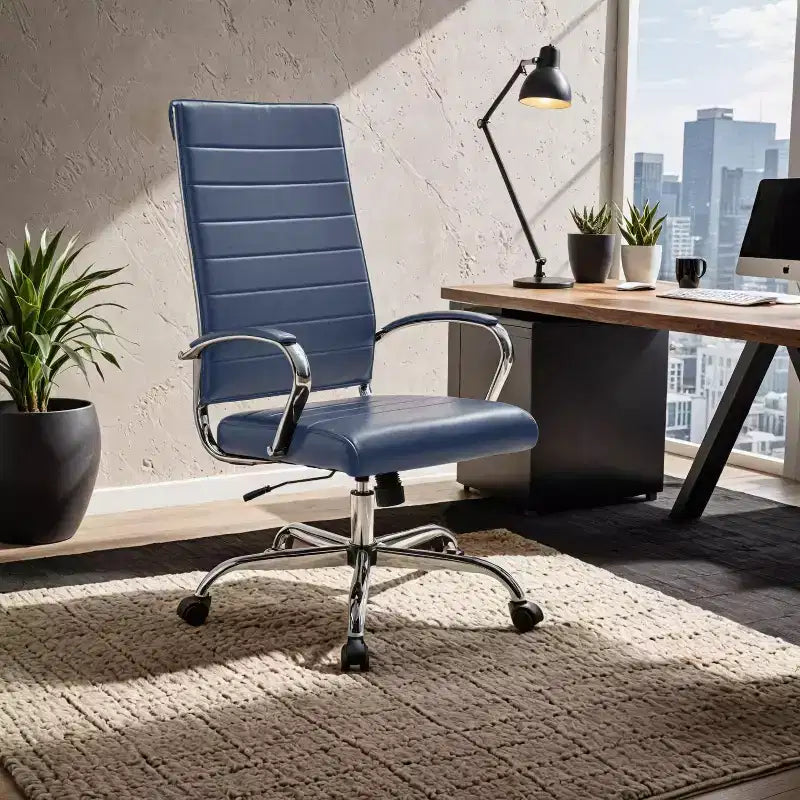 Chaise de bureau LeisureMod Benmar en cuir côtelé à dossier haut - Chaise de bureau exécutive moderne pivotante et inclinable - Base chromée