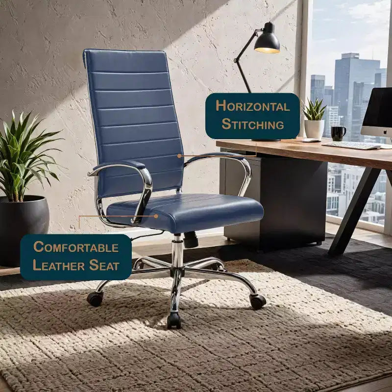 Chaise de bureau LeisureMod Benmar en cuir côtelé à dossier haut - Chaise de bureau exécutive moderne pivotante et inclinable - Base chromée