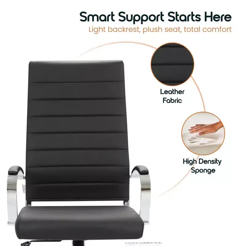 Chaise de bureau LeisureMod Benmar en cuir côtelé à dossier haut - Chaise de bureau exécutive moderne pivotante et inclinable - Base chromée