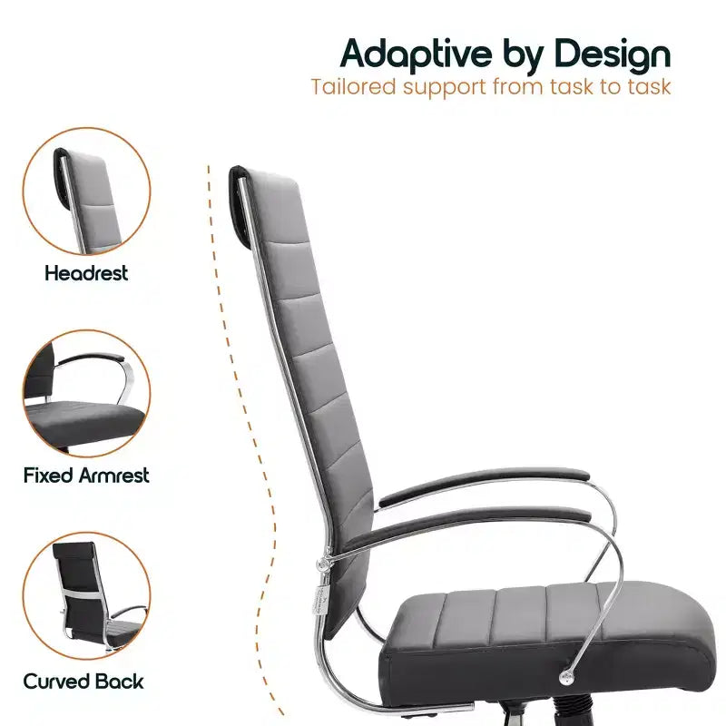 Chaise de bureau LeisureMod Benmar en cuir côtelé à dossier haut - Chaise de bureau exécutive moderne pivotante et inclinable - Base chromée