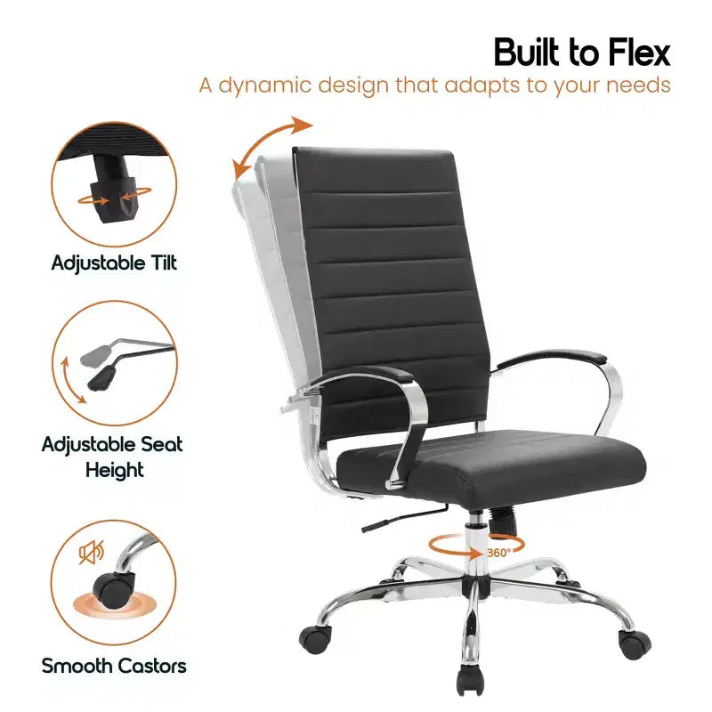 Chaise de bureau LeisureMod Benmar en cuir côtelé à dossier haut - Chaise de bureau exécutive moderne pivotante et inclinable - Base chromée