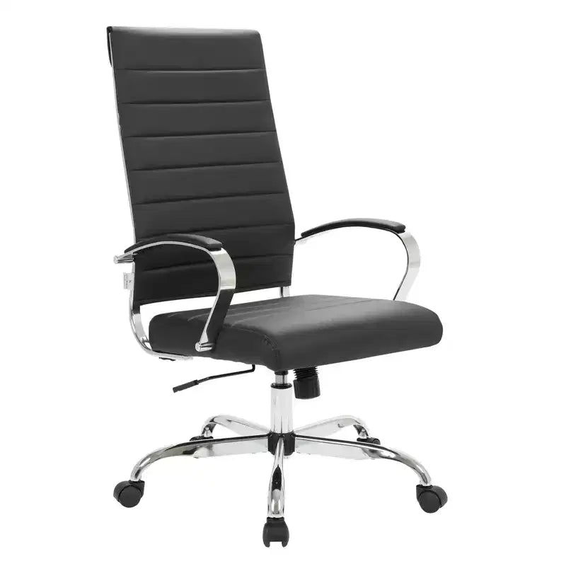 LeisureMod Benmar High-Back Ribbed Leather Office Chair - Modern Swivel & Tilt Executive Desk Chair - Chrome Base