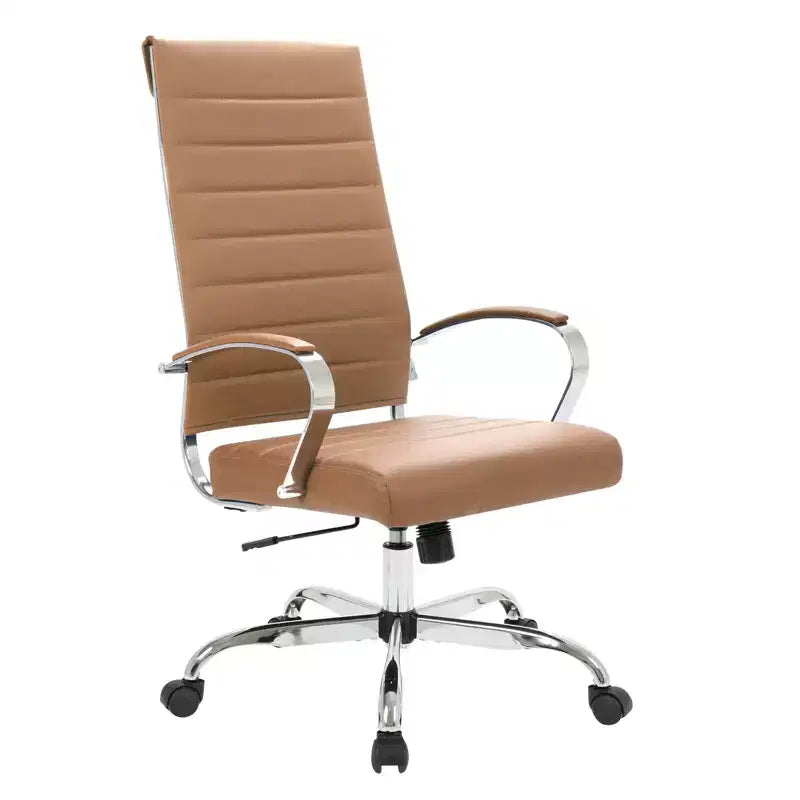 Chaise de bureau LeisureMod Benmar en cuir côtelé à dossier haut - Chaise de bureau exécutive moderne pivotante et inclinable - Base chromée