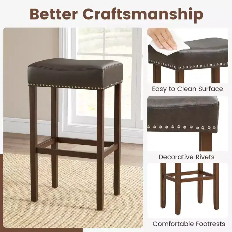 Costway Lot de 2 tabourets de bar rembourrés en cuir PU avec repose-pieds, cadre en bois, 75 cm, marron/gris