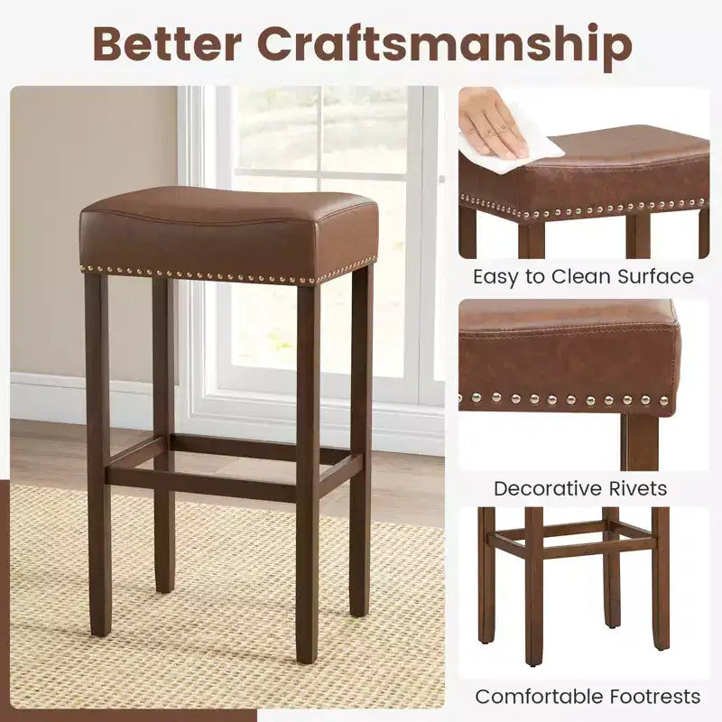 Costway Lot de 2 tabourets de bar rembourrés en cuir PU avec repose-pieds, cadre en bois, 75 cm, marron/gris