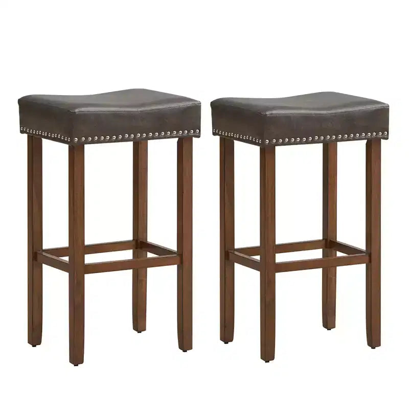 Costway Lot de 2 tabourets de bar rembourrés en cuir PU avec repose-pieds, cadre en bois, 75 cm, marron/gris