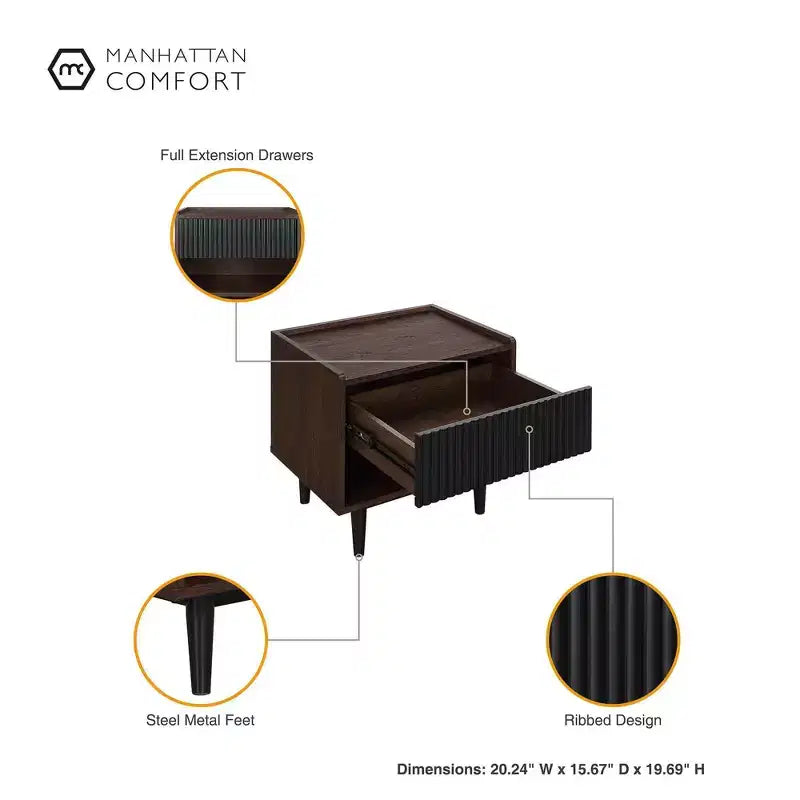 Lot de 2 tables de chevet nervurées modernes Duane avec tiroir - Manhattan Comfort