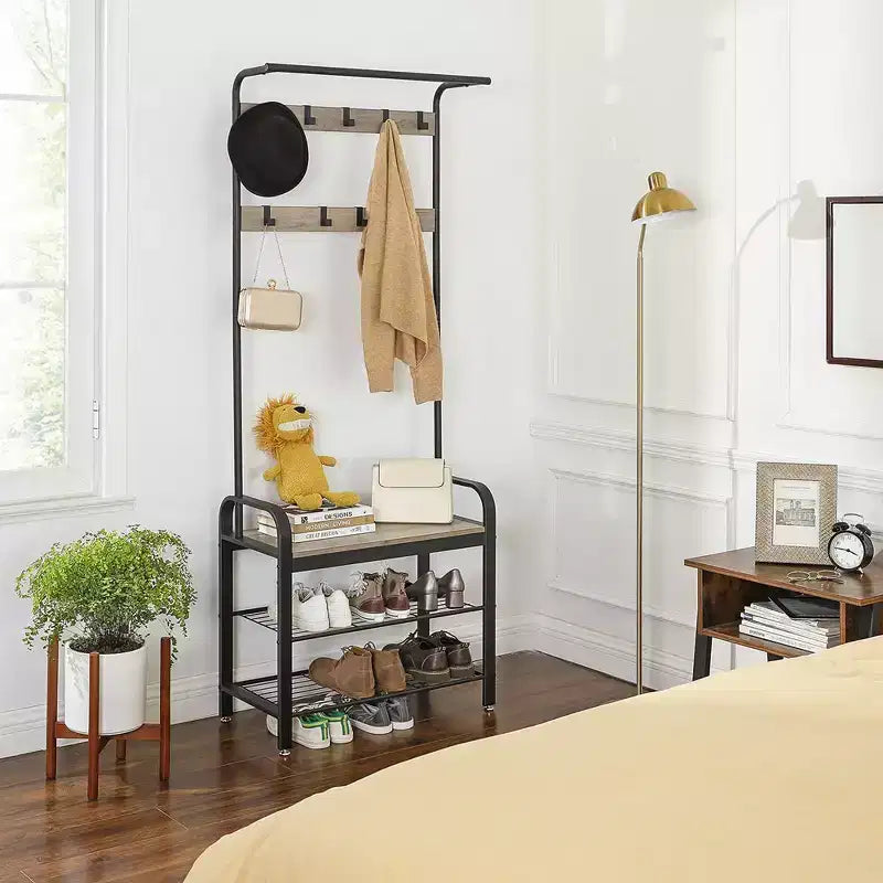 Porte-manteau VASAGLE, Meuble d'entrée avec banc à chaussures Greige et noir