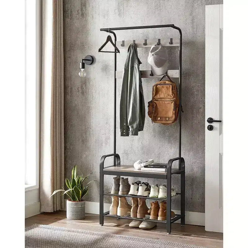 Porte-manteau VASAGLE, Meuble d'entrée avec banc à chaussures Greige et noir