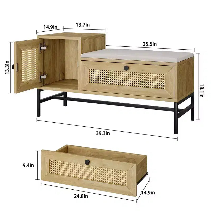 Banc à chaussures Garvee Rattan avec rangement, banc d'entrée avec meuble à chaussures à tiroir rabattable, banc de rangement pour chaussures pour couloir et chambre, chêne naturel