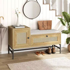 Banc à chaussures Garvee Rattan avec rangement, banc d'entrée avec meuble à chaussures à tiroir rabattable, banc de rangement pour chaussures pour couloir et chambre, chêne naturel