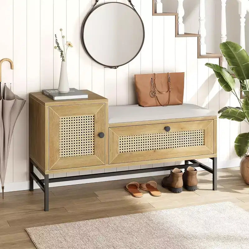 Banc à chaussures Garvee Rattan avec rangement, banc d'entrée avec meuble à chaussures à tiroir rabattable, banc de rangement pour chaussures pour couloir et chambre, chêne naturel