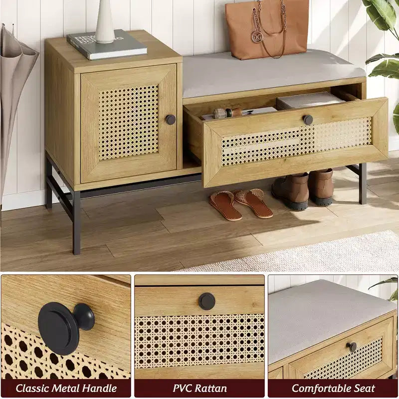 Banc à chaussures Garvee Rattan avec rangement, banc d'entrée avec meuble à chaussures à tiroir rabattable, banc de rangement pour chaussures pour couloir et chambre, chêne naturel