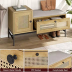 Banc à chaussures Garvee Rattan avec rangement, banc d'entrée avec meuble à chaussures à tiroir rabattable, banc de rangement pour chaussures pour couloir et chambre, chêne naturel