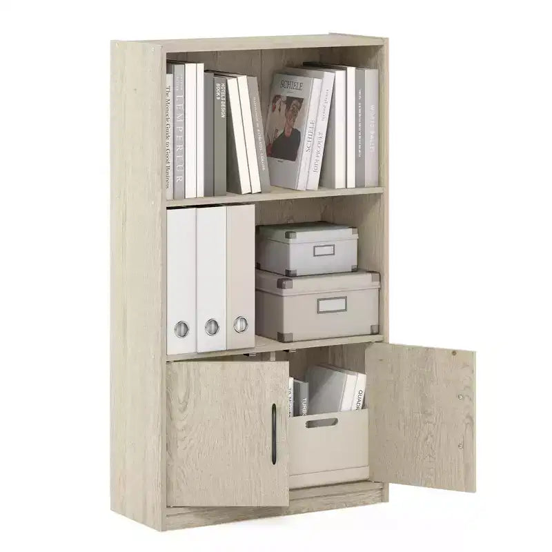Furinno Étagère décorative 3 niveaux Bibliothèque ouverte Étagère de présentation avec 2 casiers et 2 portes Meuble de rangement, Pin métropolitain