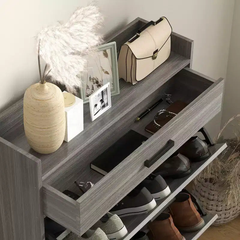 Meuble à chaussures étroit HOMCOM, meuble de rangement à chaussures industriel pour entrée avec 2 tiroirs basculants, étagères réglables, tiroir supérieur pour 12 paires