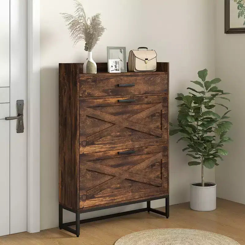 Meuble à chaussures étroit HOMCOM, meuble de rangement à chaussures industriel pour entrée avec 2 tiroirs basculants, étagères réglables, tiroir supérieur pour 12 paires