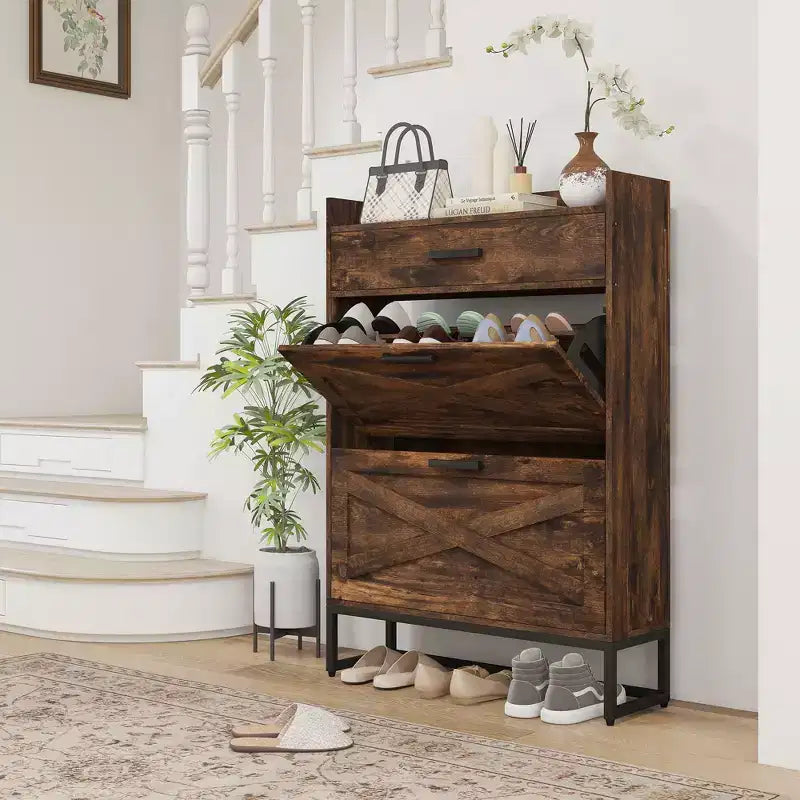 Meuble à chaussures étroit HOMCOM, meuble de rangement à chaussures industriel pour entrée avec 2 tiroirs basculants, étagères réglables, tiroir supérieur pour 12 paires