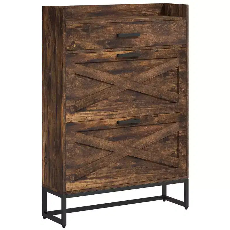 Meuble à chaussures étroit HOMCOM, meuble de rangement à chaussures industriel pour entrée avec 2 tiroirs basculants, étagères réglables, tiroir supérieur pour 12 paires