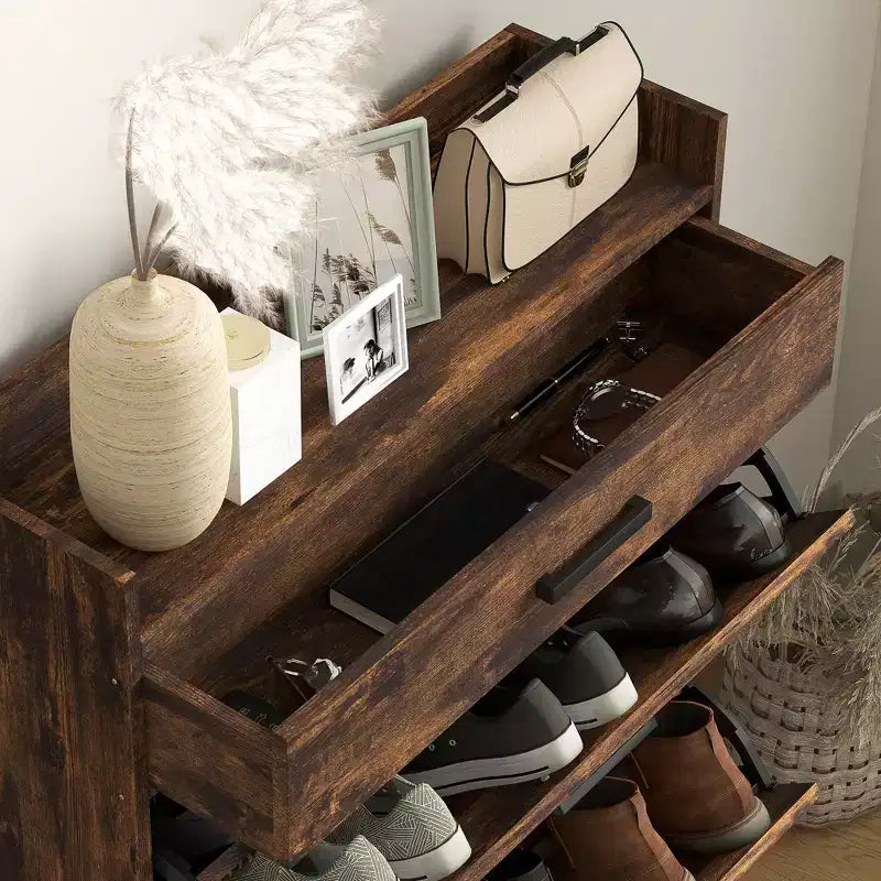 Meuble à chaussures étroit HOMCOM, meuble de rangement à chaussures industriel pour entrée avec 2 tiroirs basculants, étagères réglables, tiroir supérieur pour 12 paires