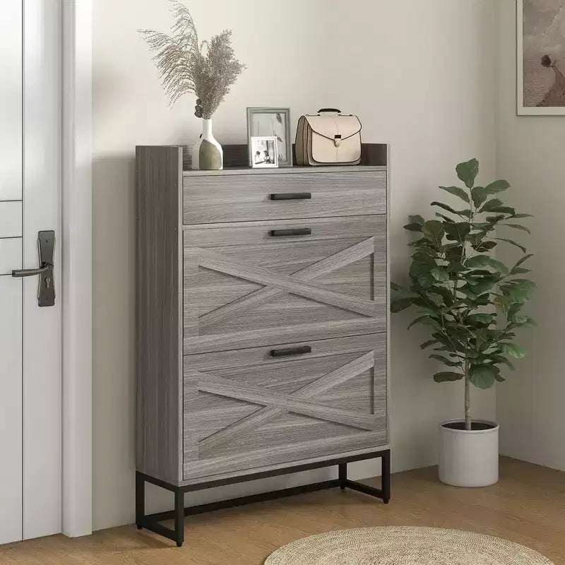 Meuble à chaussures étroit HOMCOM, meuble de rangement à chaussures industriel pour entrée avec 2 tiroirs basculants, étagères réglables, tiroir supérieur pour 12 paires
