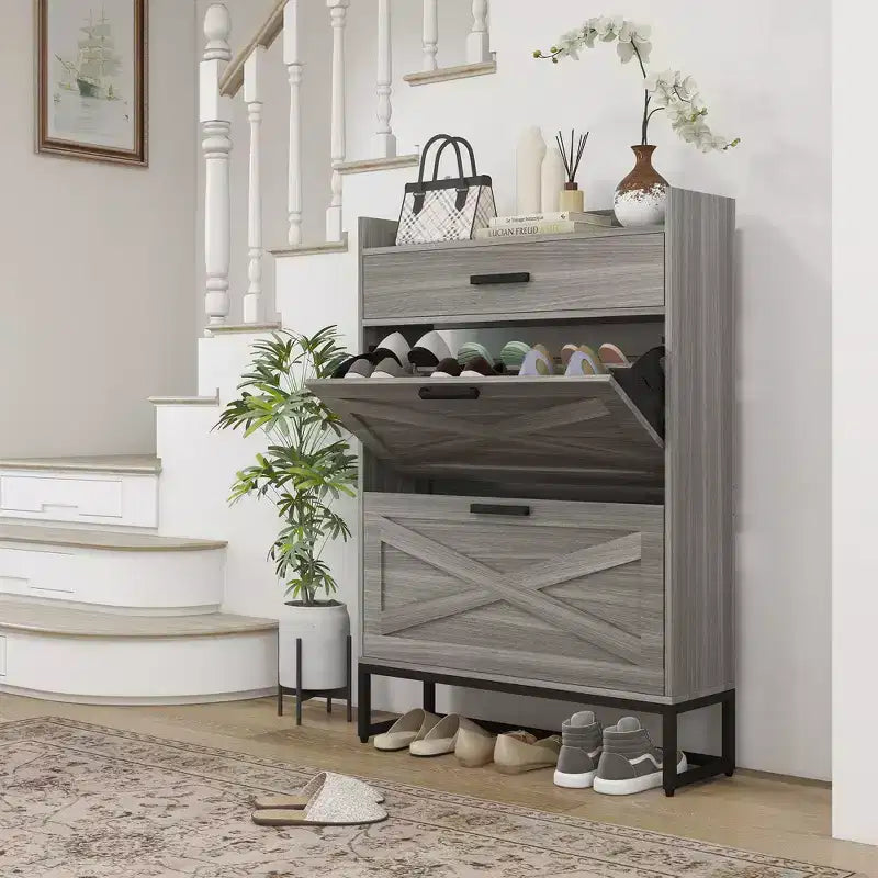 Meuble à chaussures étroit HOMCOM, meuble de rangement à chaussures industriel pour entrée avec 2 tiroirs basculants, étagères réglables, tiroir supérieur pour 12 paires