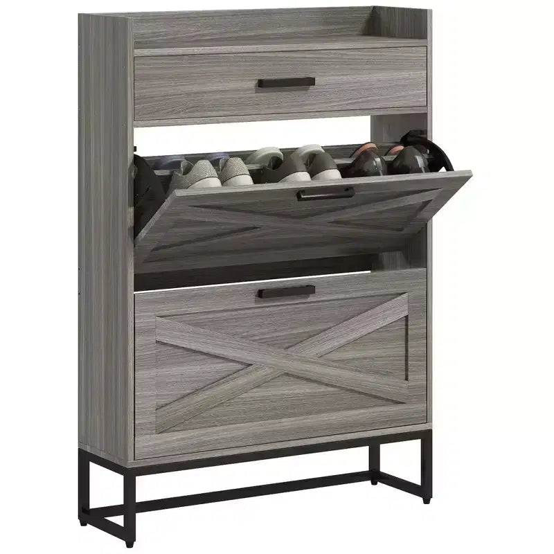 Meuble à chaussures étroit HOMCOM, meuble de rangement à chaussures industriel pour entrée avec 2 tiroirs basculants, étagères réglables, tiroir supérieur pour 12 paires
