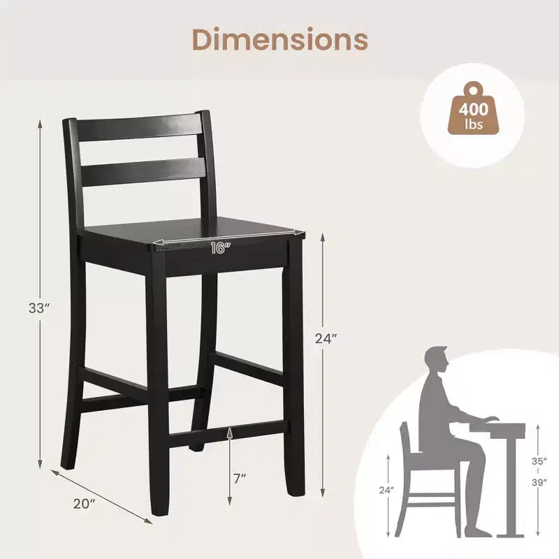 Tabourets de bar en bois Costway de 24 pouces, lot de 2, avec dossier ergonomique, hauteur de comptoir, noir/blanc