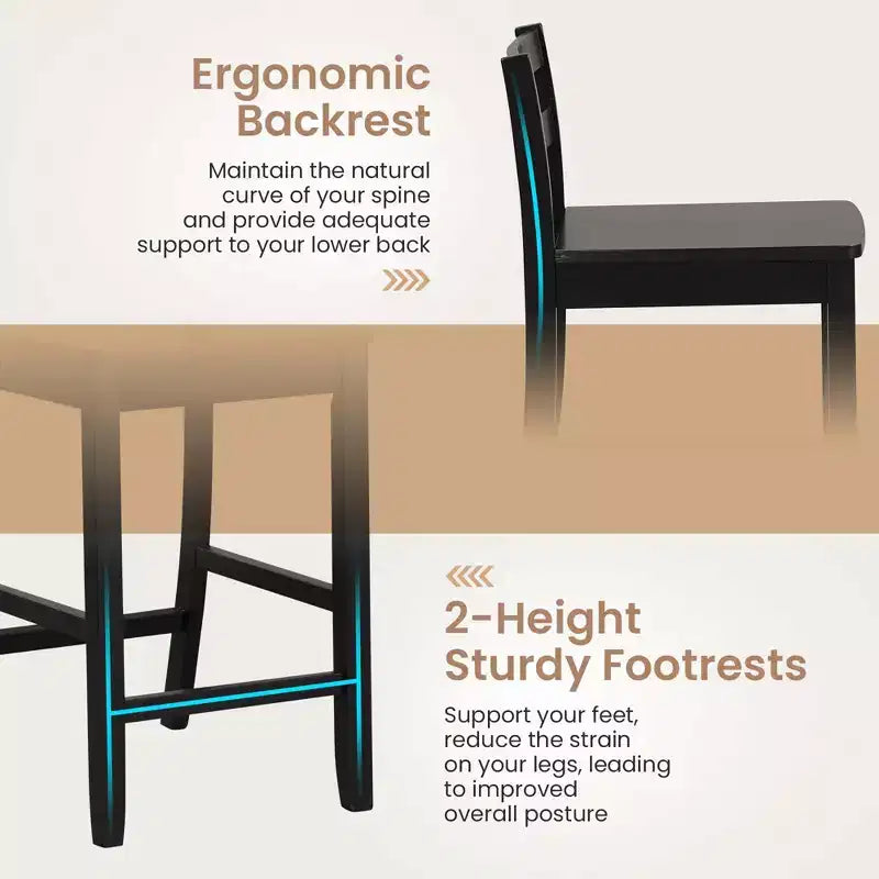 Tabourets de bar en bois Costway de 24 pouces, lot de 2, avec dossier ergonomique, hauteur de comptoir, noir/blanc