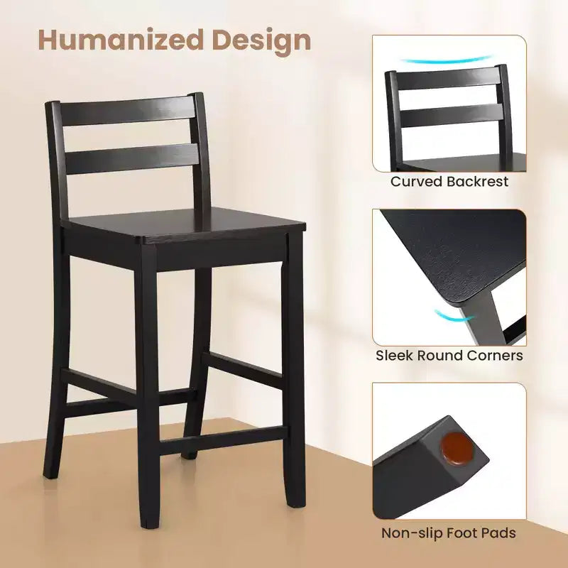 Tabourets de bar en bois Costway de 24 pouces, lot de 2, avec dossier ergonomique, hauteur de comptoir, noir/blanc