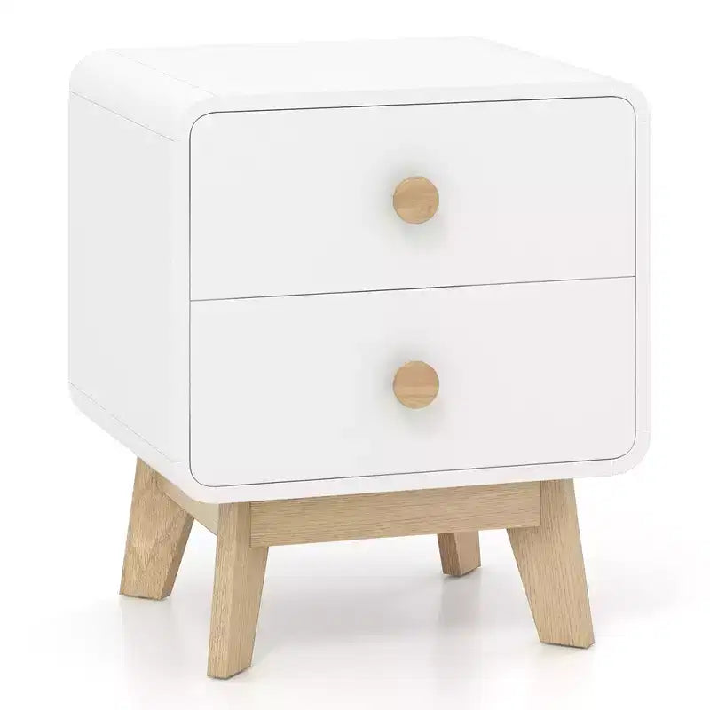 Costway Table de Chevet Moderne du Milieu du Siècle 1/2 PCS avec 2 Tiroirs Pieds en Bois d'Hévéa Massif Blanc