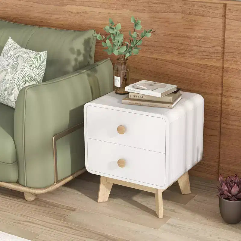 Costway Table de Chevet Moderne du Milieu du Siècle 1/2 PCS avec 2 Tiroirs Pieds en Bois d'Hévéa Massif Blanc