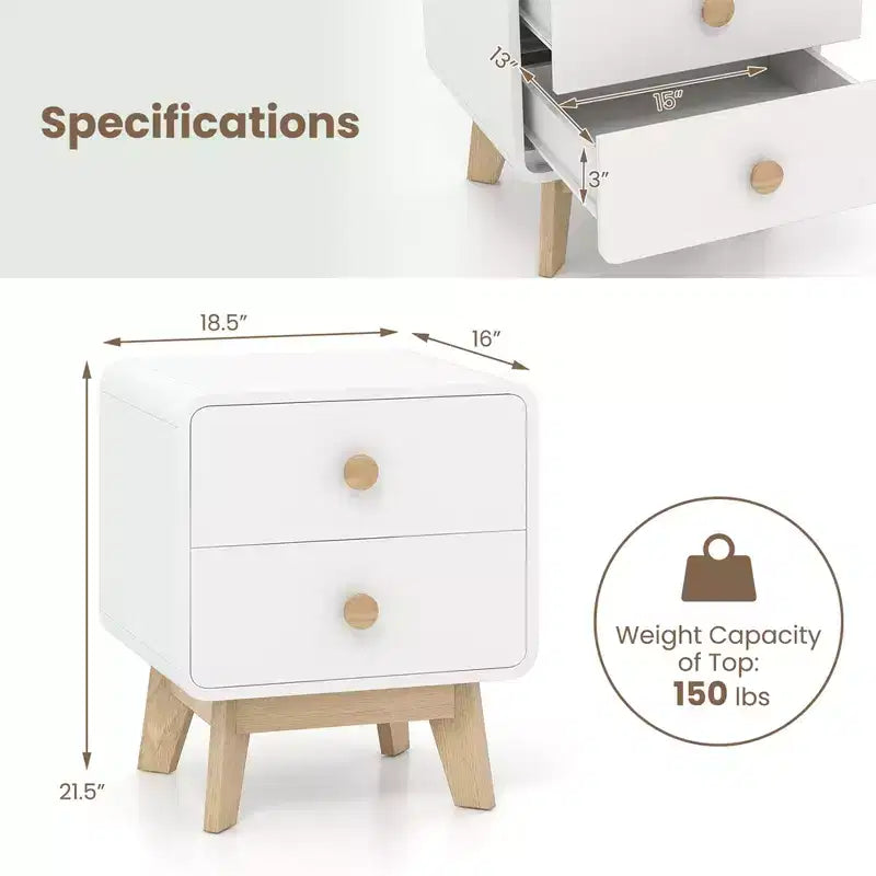 Costway Table de Chevet Moderne du Milieu du Siècle 1/2 PCS avec 2 Tiroirs Pieds en Bois d'Hévéa Massif Blanc