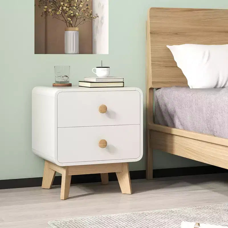 Costway Table de Chevet Moderne du Milieu du Siècle 1/2 PCS avec 2 Tiroirs Pieds en Bois d'Hévéa Massif Blanc