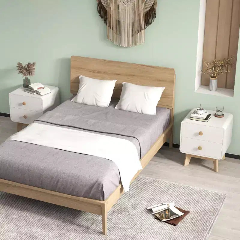 Costway Table de Chevet Moderne du Milieu du Siècle 1/2 PCS avec 2 Tiroirs Pieds en Bois d'Hévéa Massif Blanc