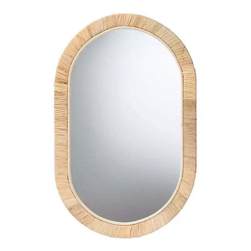 Miroir Ovale bali & pari Bella Bohème Moderne en Bois d'Acajou Marron Naturel et Rotin Naturel