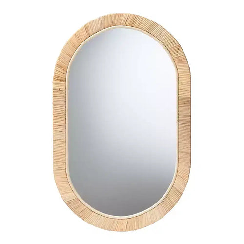 Miroir Ovale bali & pari Bella Bohème Moderne en Bois d'Acajou Marron Naturel et Rotin Naturel
