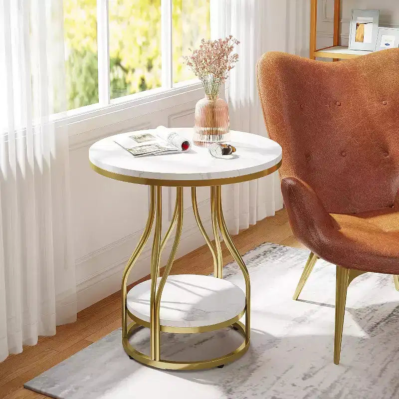 Table d'appoint ronde moderne Lantine, table d'extrémité à 2 niveaux avec rangement pour canapé, table d'appoint avec cadre en métal pour salon