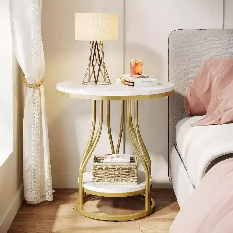 Table d'appoint ronde moderne Lantine, table d'extrémité à 2 niveaux avec rangement pour canapé, table d'appoint avec cadre en métal pour salon