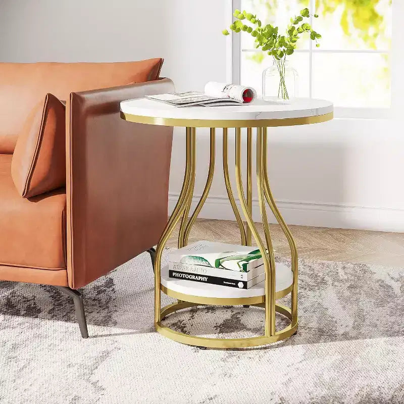 Table d'appoint ronde moderne Lantine, table d'extrémité à 2 niveaux avec rangement pour canapé, table d'appoint avec cadre en métal pour salon