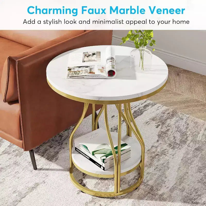 Table d'appoint ronde moderne Lantine, table d'extrémité à 2 niveaux avec rangement pour canapé, table d'appoint avec cadre en métal pour salon