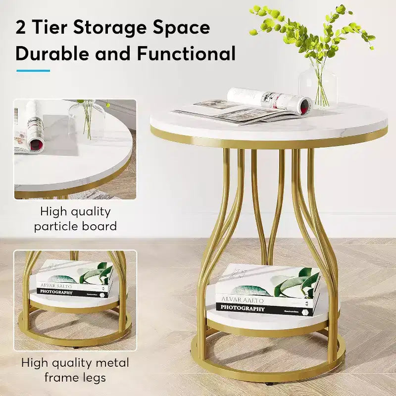 Table d'appoint ronde moderne Lantine, table d'extrémité à 2 niveaux avec rangement pour canapé, table d'appoint avec cadre en métal pour salon