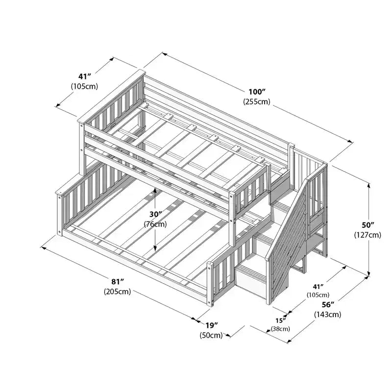 Lit superposé bas Max & Lily en bois (lits jumeaux sur lit double) pour enfants avec escalier