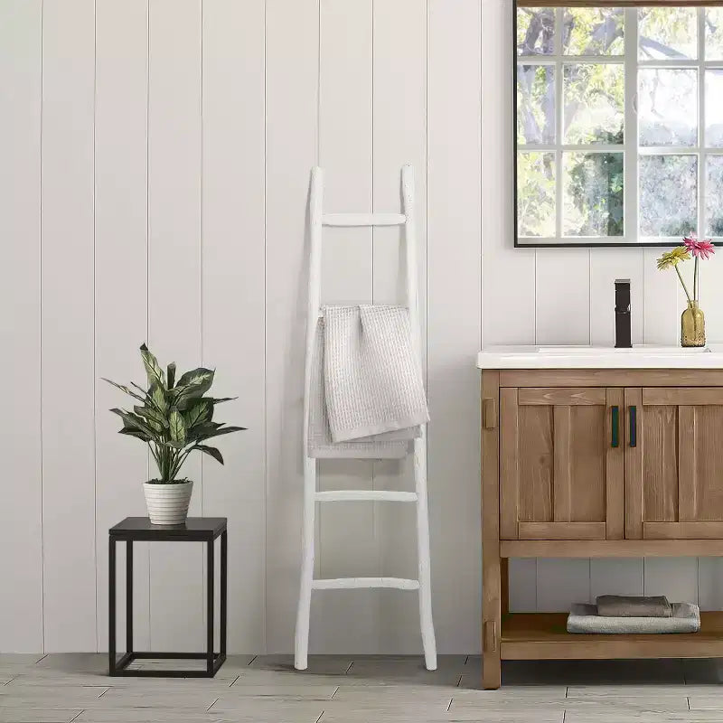 Échelle à couvertures à 5 barreaux en bois massif blanc LuxenHome